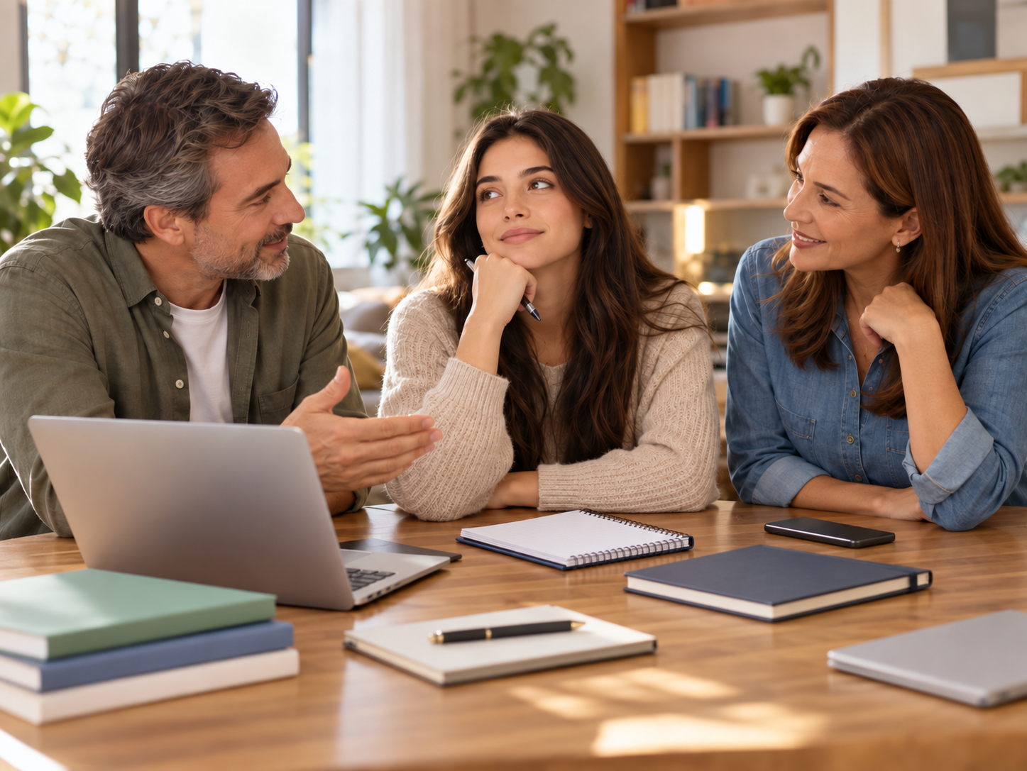 Padres orientando a una joven mientras valoran estudios y futuro académico