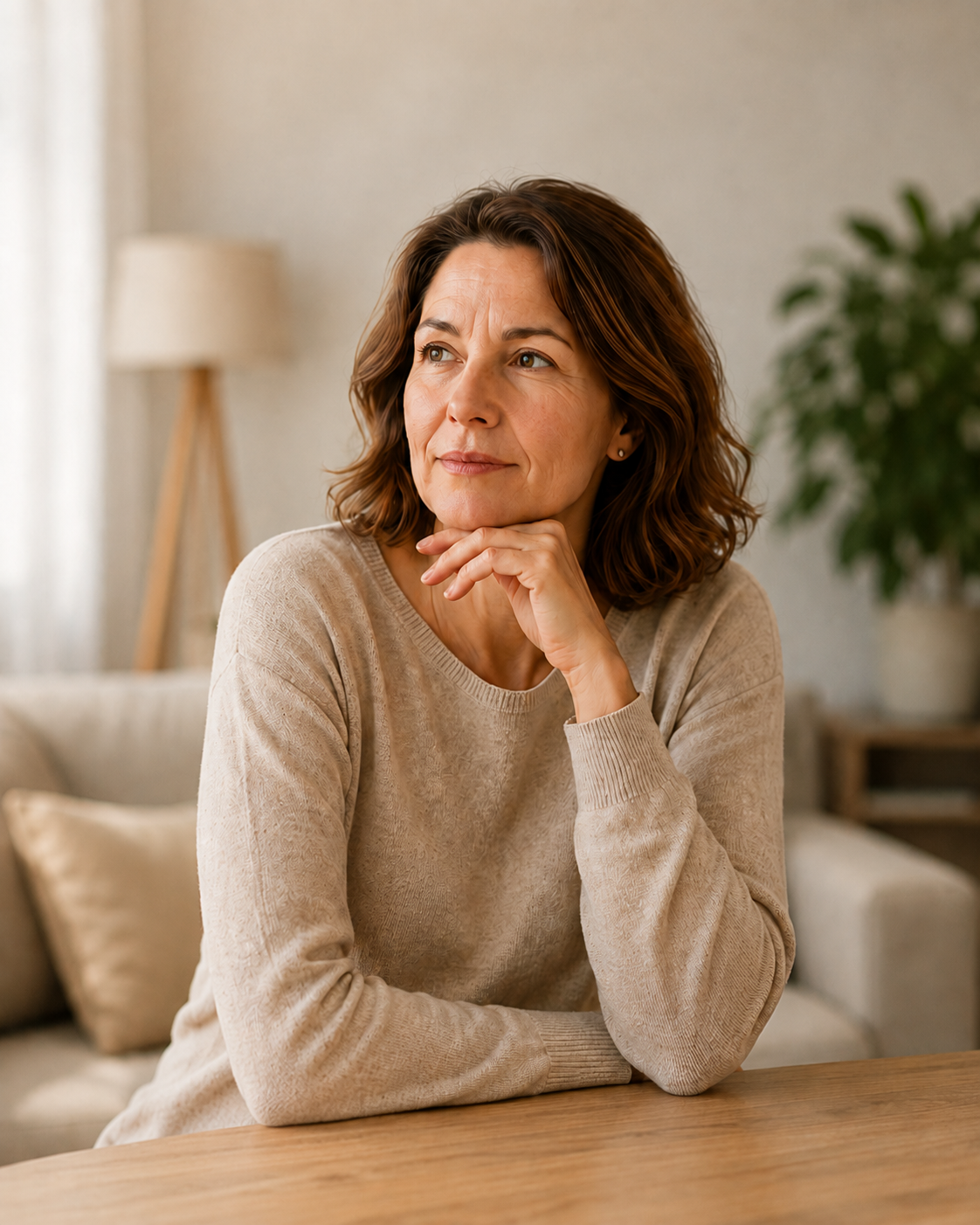 Test de pensamientos negativos y creencias limitantes: mujer adulta reflexionando